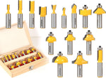 Close-up view of the C3 micro-grain tungsten carbide blades and Teflon coating on Yonico router bits.