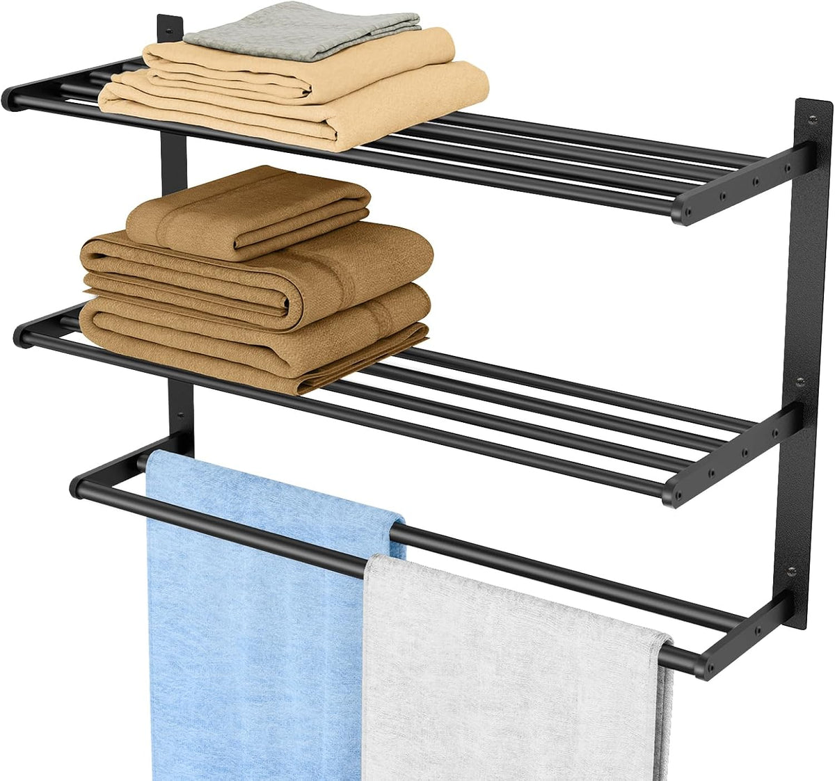 Bethom Bathroom Towel Rack with Bars, 16 Inch Towel Shelf, Matte Black | 3-Tier Hotel Towel Racks for Bathroom Wall Mounted, Bath Towels Storage, Stainless Steel - Image 9