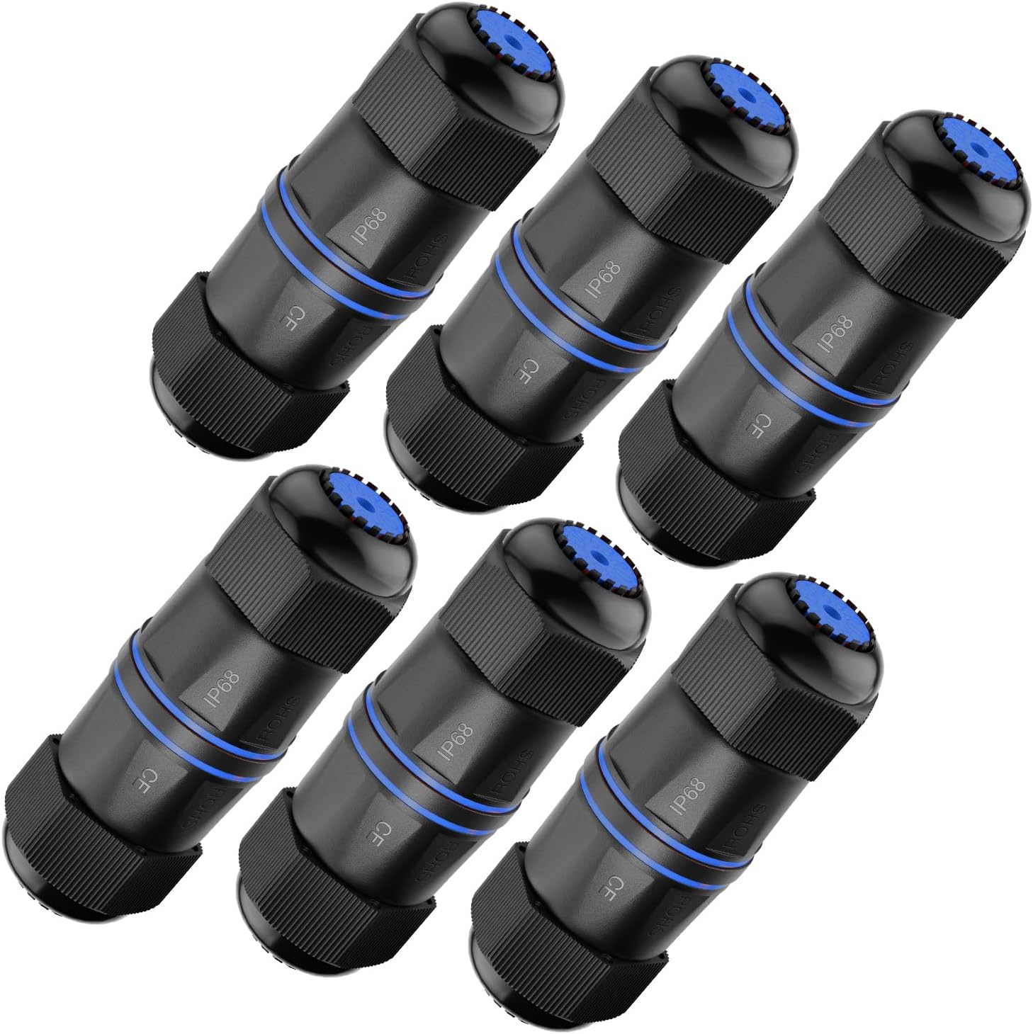VCELINK waterproof RJ45 coupler front view showing blue protective caps for outdoor ethernet cables.