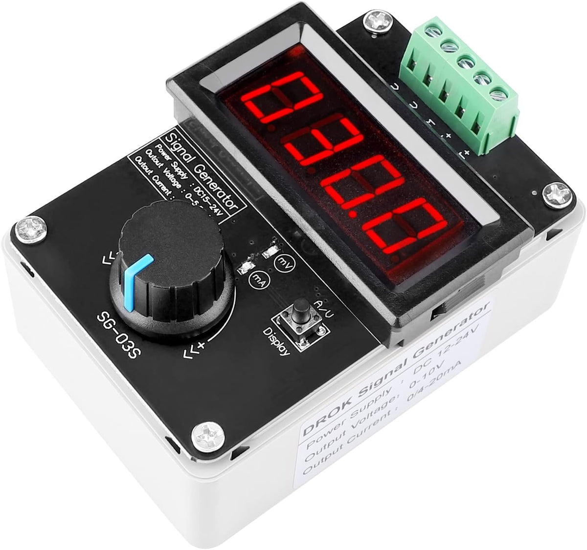 DROK 4-20mA signal generator front view showing display and adjustment knob