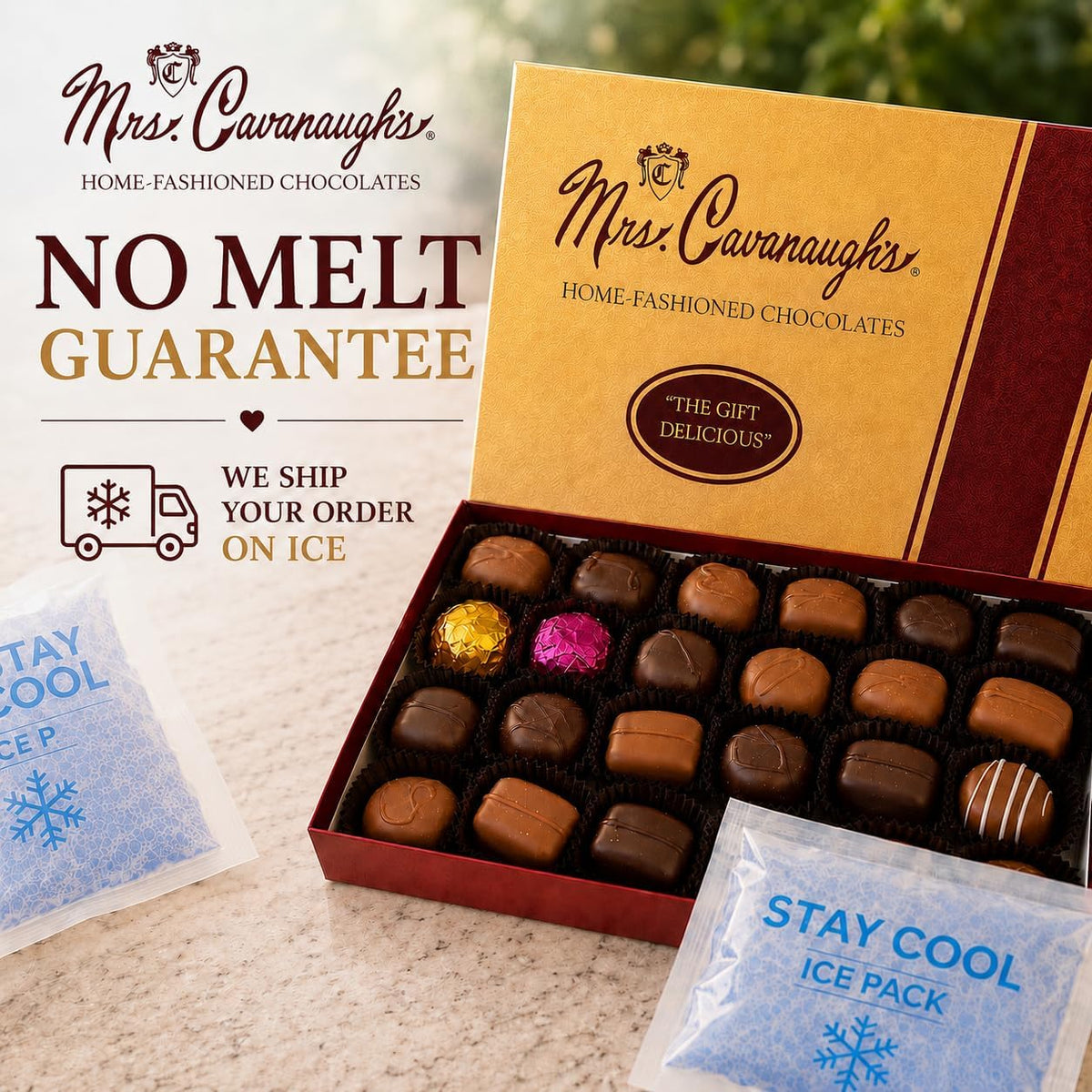 Authentic USA-imported Mrs. Cavanaugh's chocolate box branding