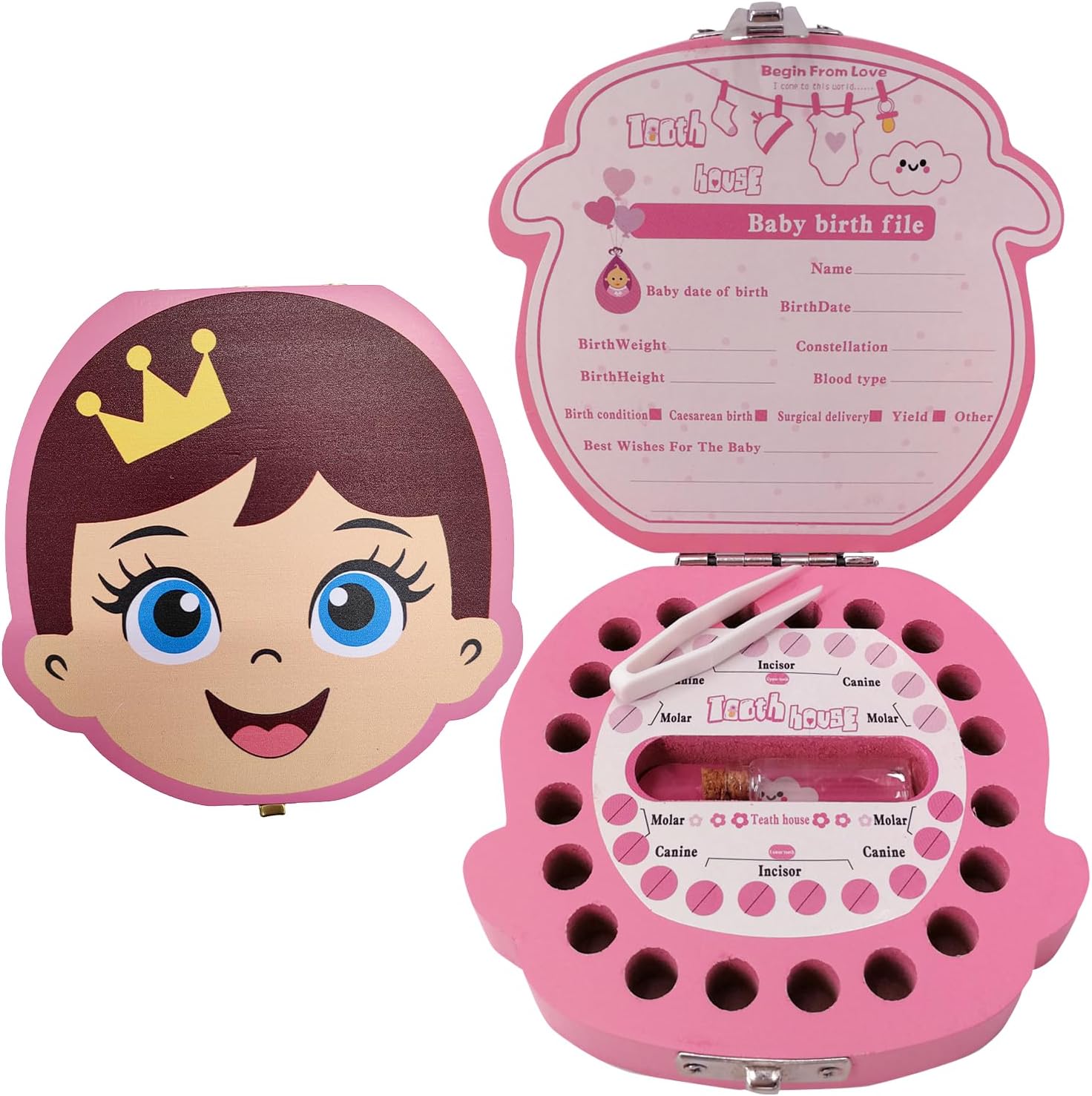 PAMBO baby tooth fairy keepsake box front view showing cartoon girl artwork on premium wood
