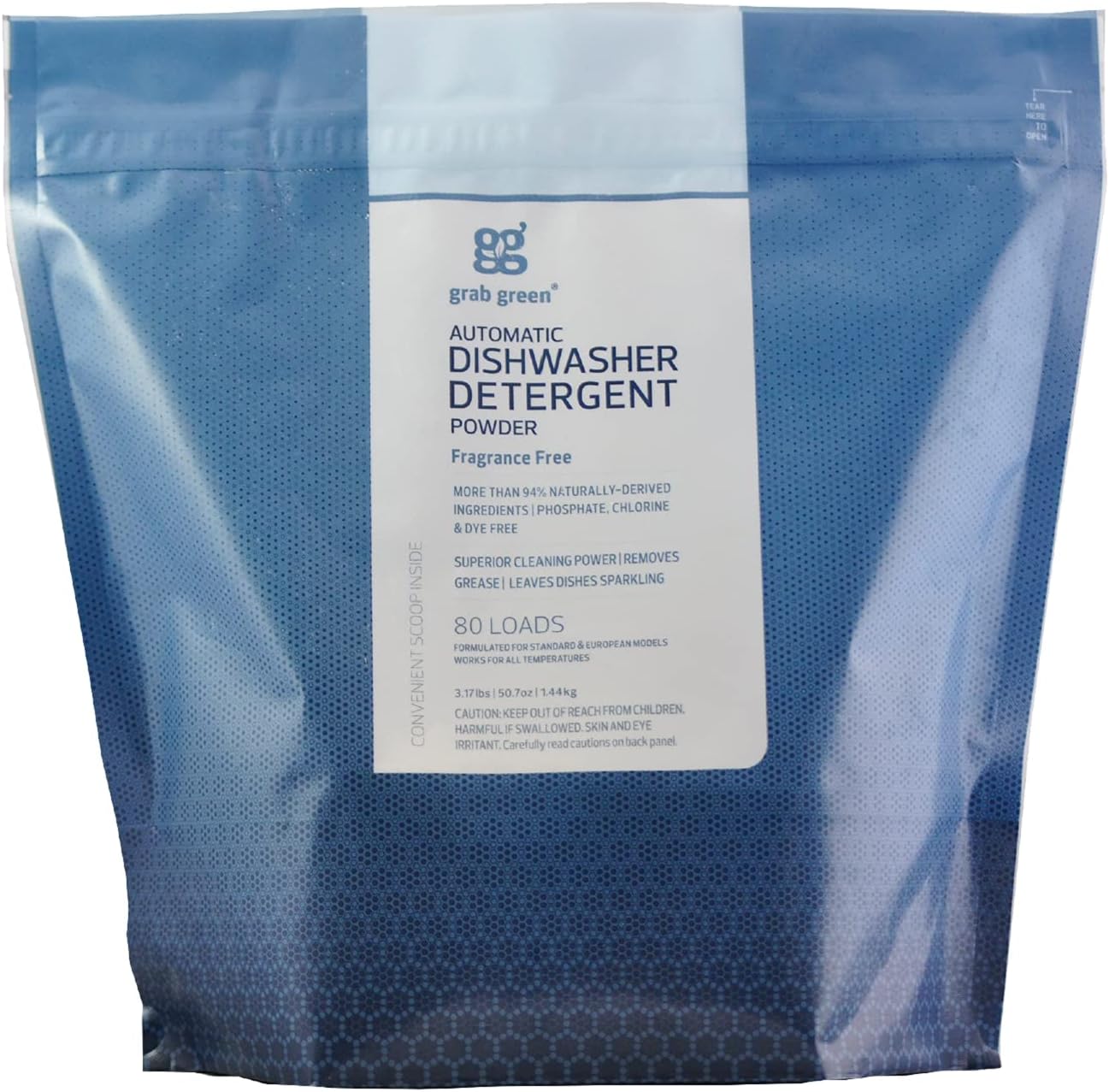 Grab Green Automatic Dishwashing Detergent Powder 3.17 lbs, 80 Loads, Fragrance Free, Plant and Mineral Based, Superior Cleaning, Powerful Grease Removal, Brilliant Shine - Image 1