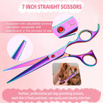 Complete Nyutcwe professional pet grooming kit featuring straight and curved rainbow shears in a black case