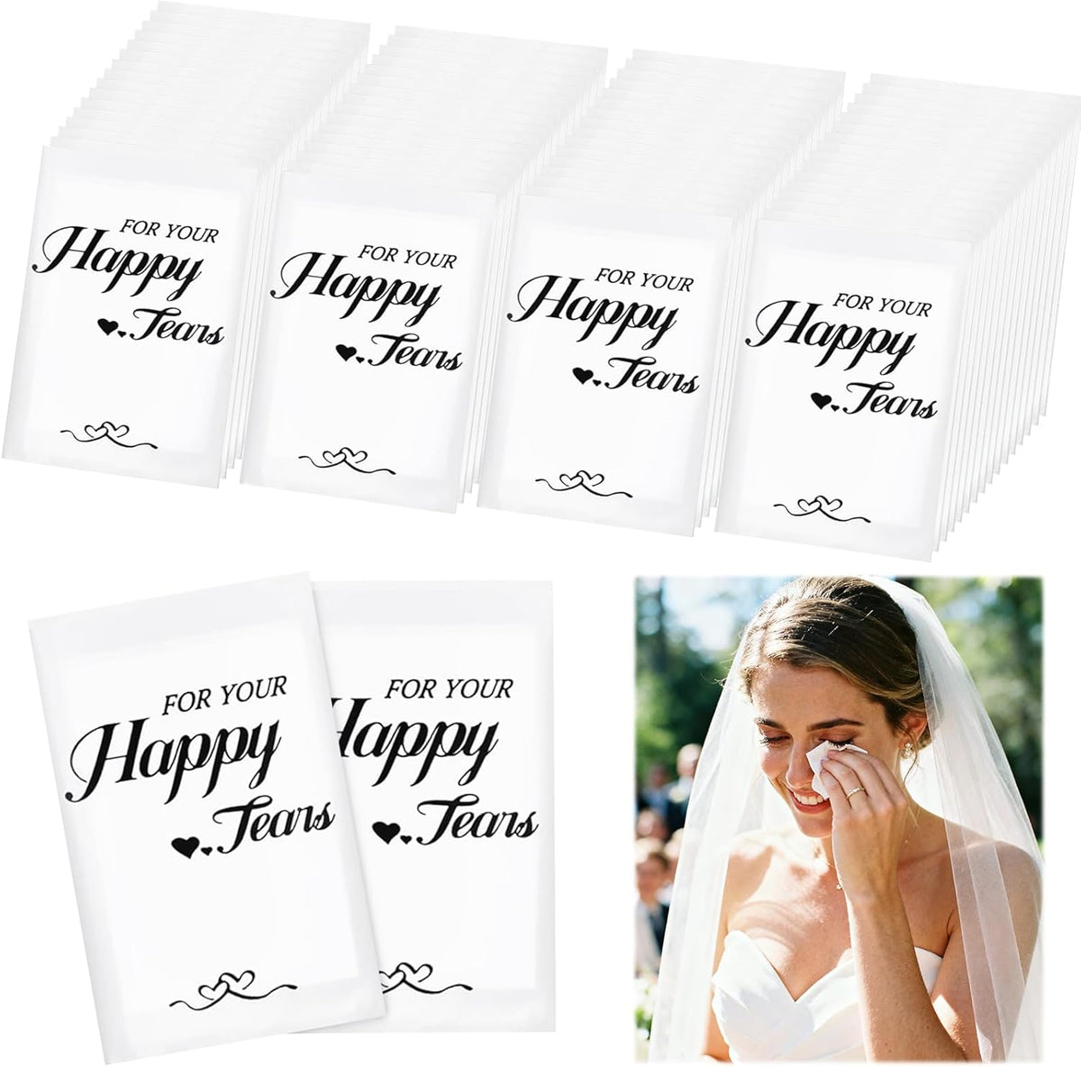 Ocmoiy Happy Tears Tissues fifty pack front view displaying elegant heart design wedding favors.