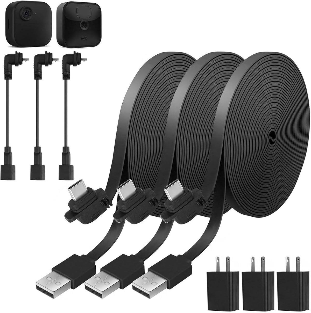 Uogw weatherproof power cable pack front view showing three premium charging cords and adapters for home security setups