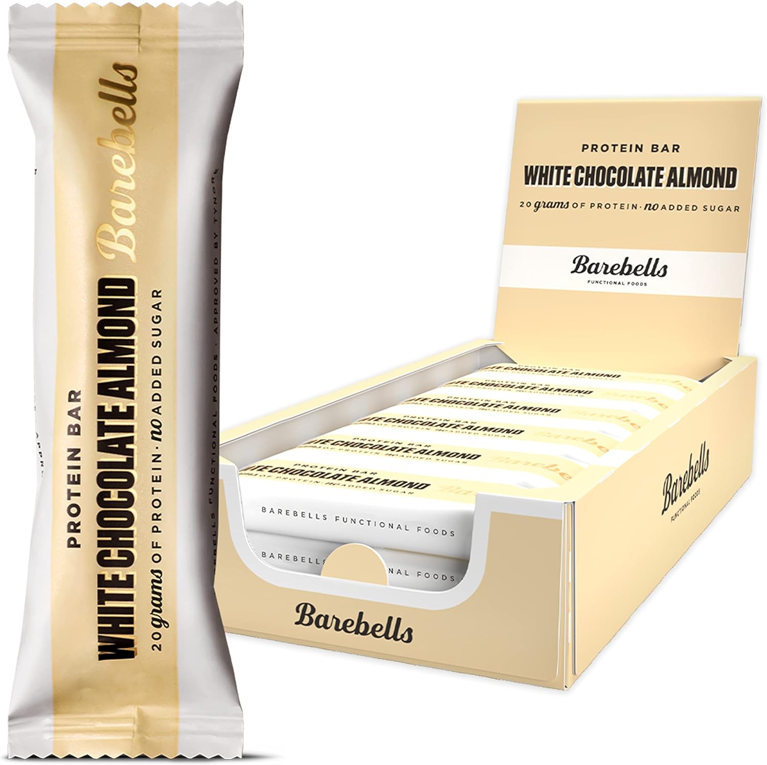 Barebells White Chocolate Almond protein bars twelve pack front view showing packaging details.