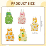 Five pieces of washable pigeon pants displayed in a row with distinct fruit designs