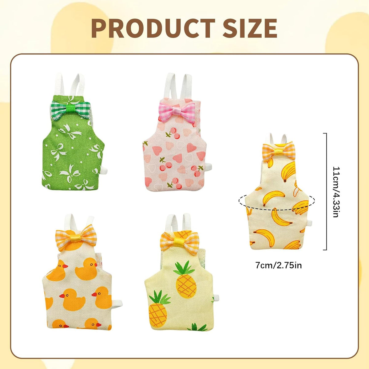 Five pieces of washable pigeon pants displayed in a row with distinct fruit designs