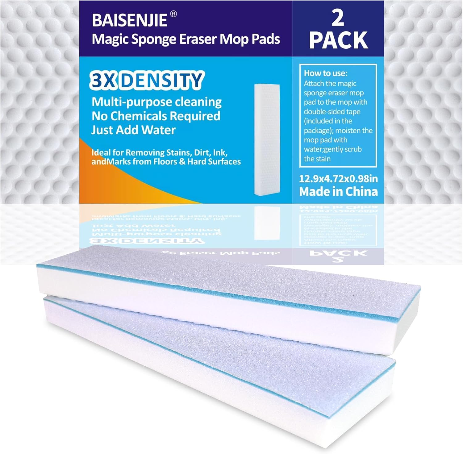 BAISENJIE Magic Sponges Eraser Mop Pads front view showing high density foam texture.