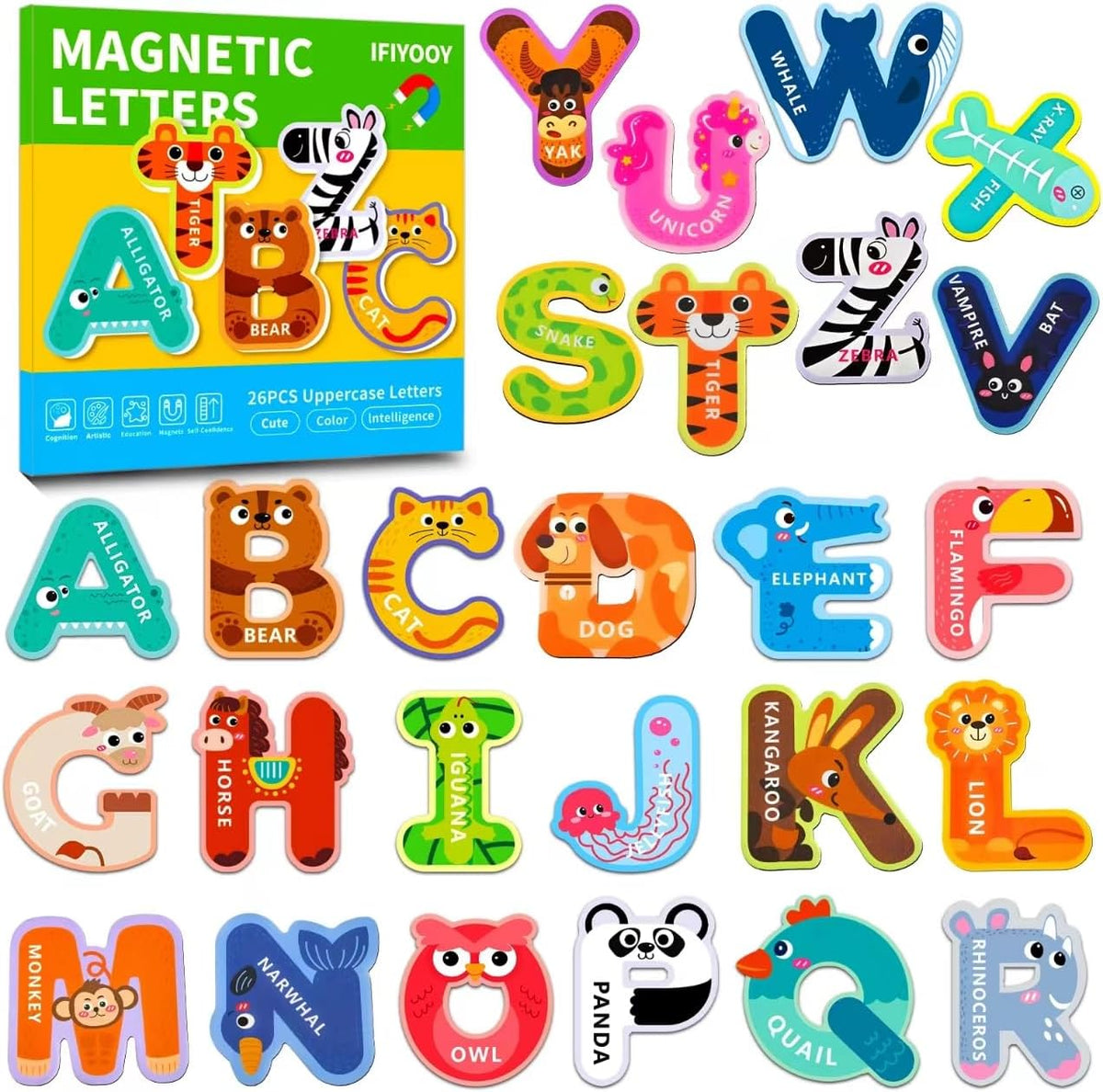 Ifiyooy magnetic alphabet letters set featuring cute uppercase animal characters
