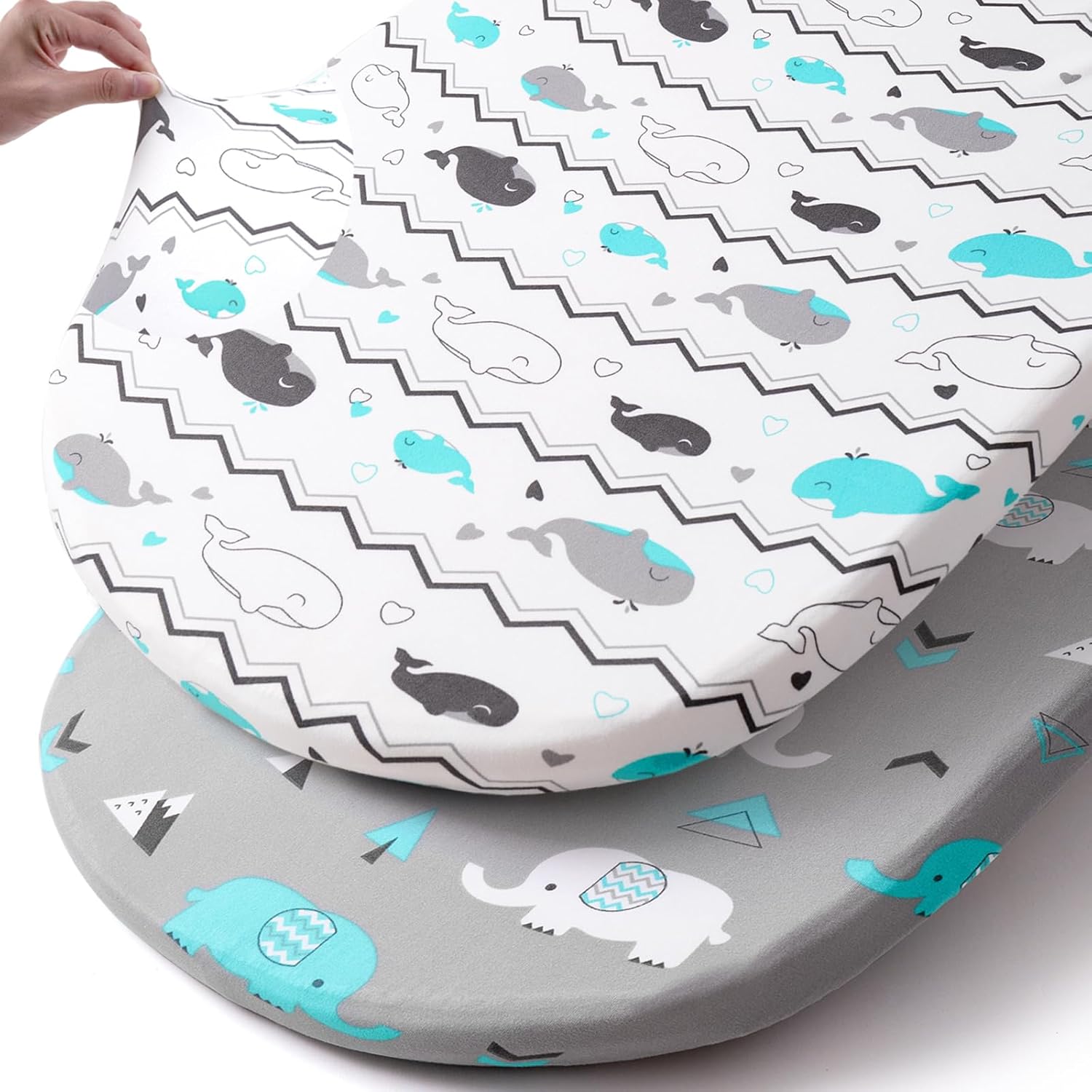 Brolex stretch fitted bassinet sheet set elephant and whale pattern front view
