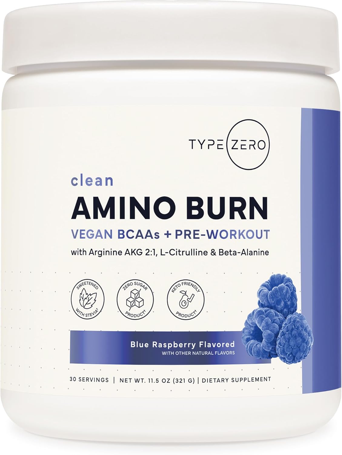 Typezerohealth Type Zero Amino Burn Blue Raspberry front view supplement container