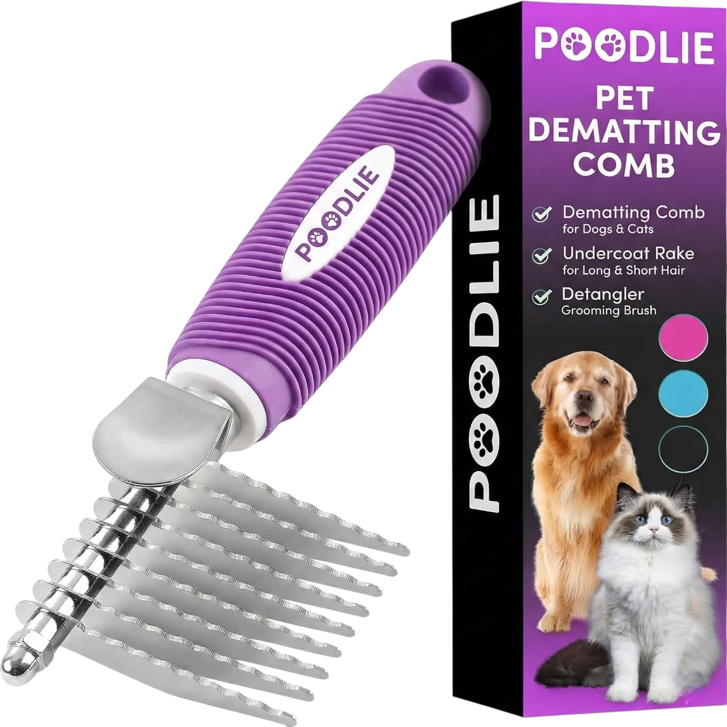 Poodlie Poodle dematting fur rake comb brush front view showing stainless steel blades.