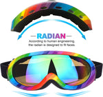 Rngeo snowboard goggles featuring vibrant rainbow frame design