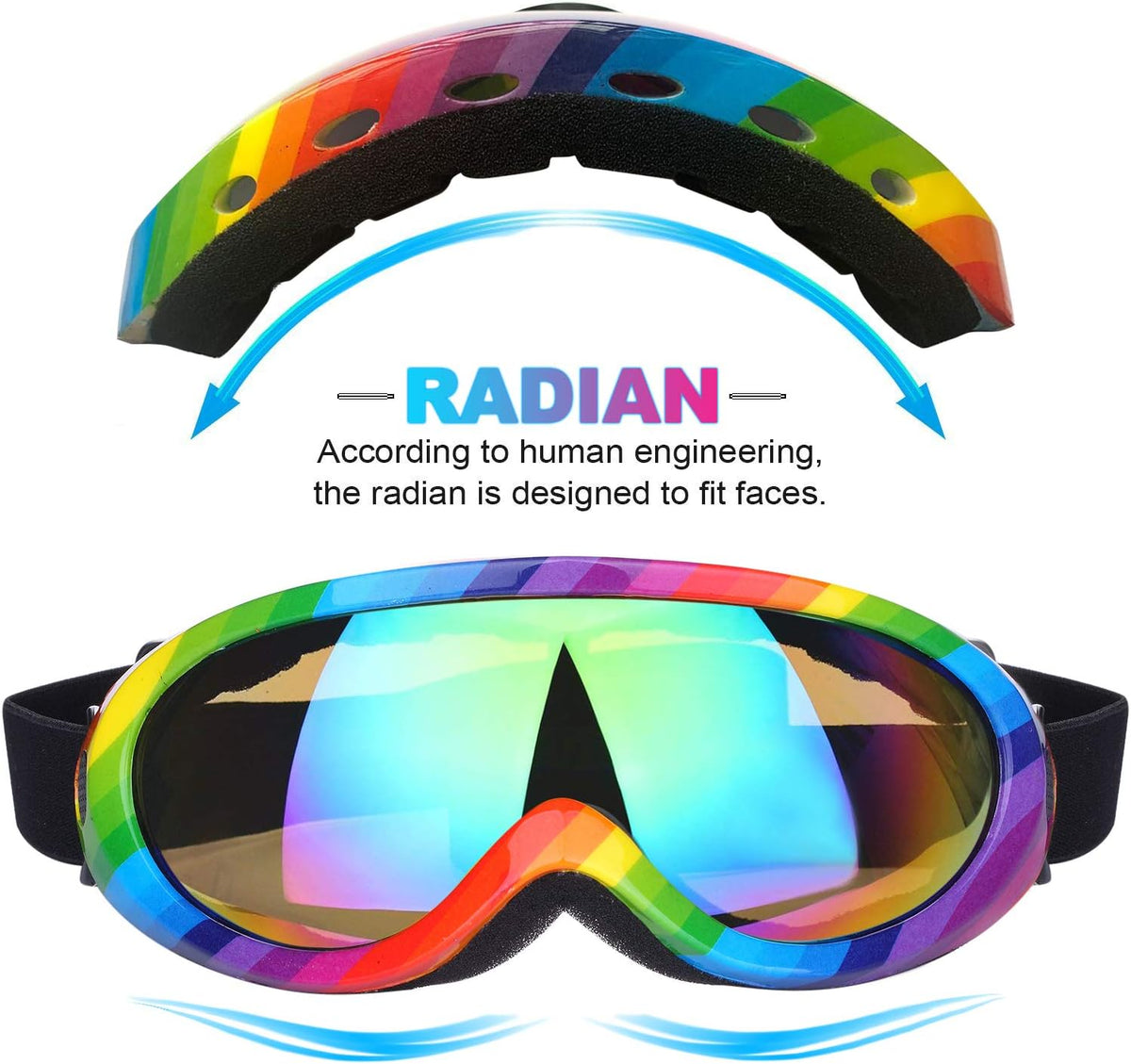 Rngeo snowboard goggles featuring vibrant rainbow frame design