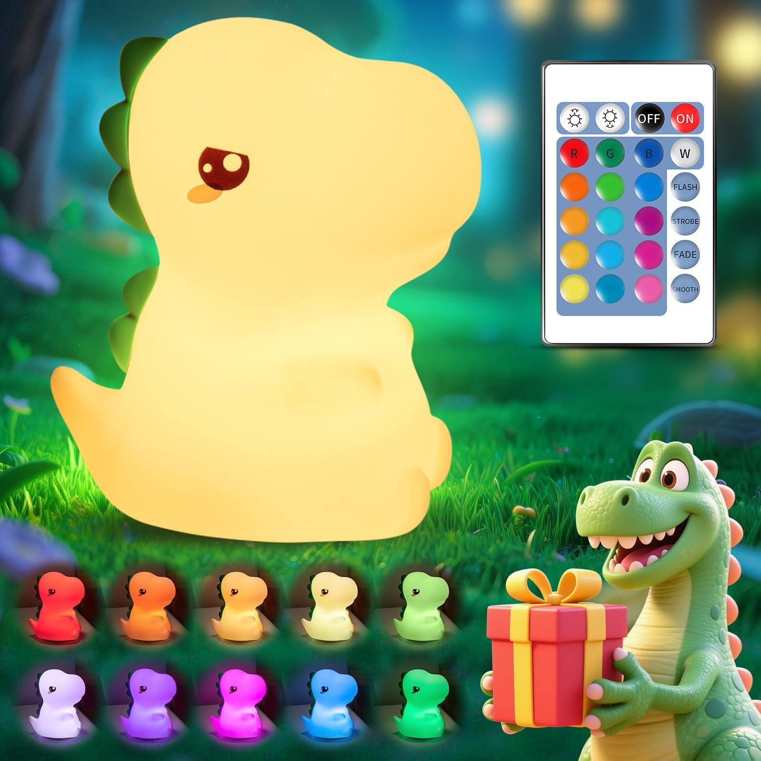 One Fire dinosaur night light front view showing illuminated soft yellow silicone body