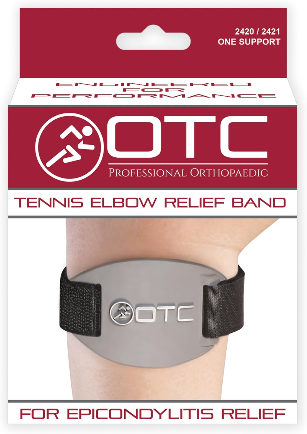 Graphite colored OTC compression strap worn on arm for support
