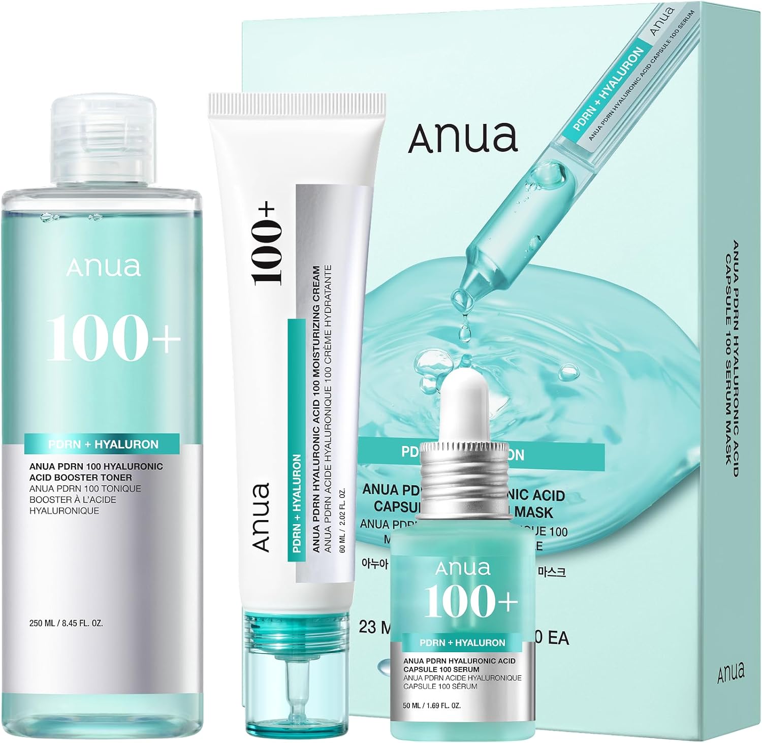 Anua PDRN Deep Hydrating Routine Set front packaging showing toner serum cream and mask for authentic Korean skincare