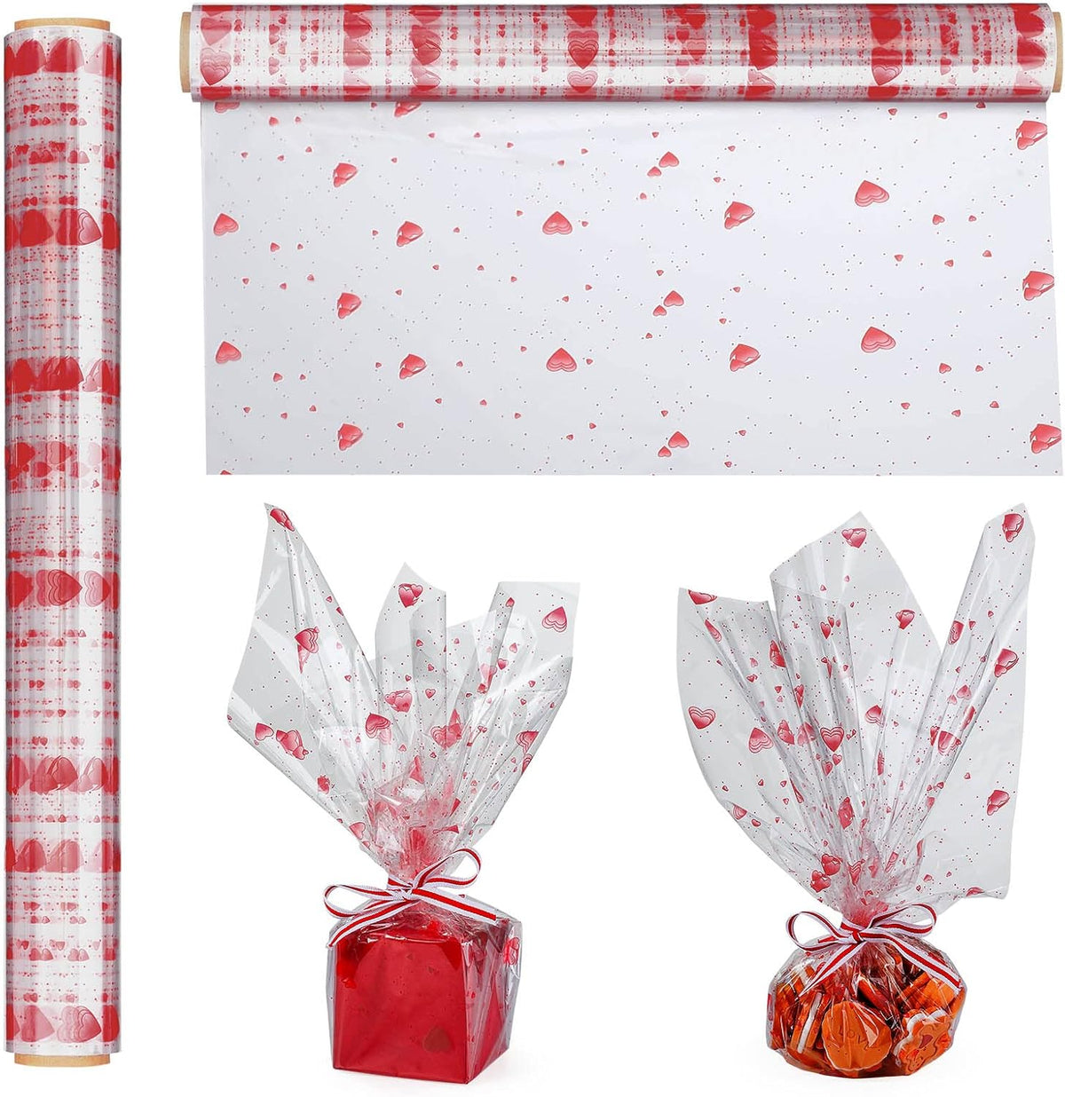 Shareluck Valentine cellophane wrap roll with red hearts pattern front view