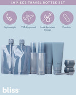 Bliss silicone squeeze bottles showing the leak-proof anti-drip caps up close.