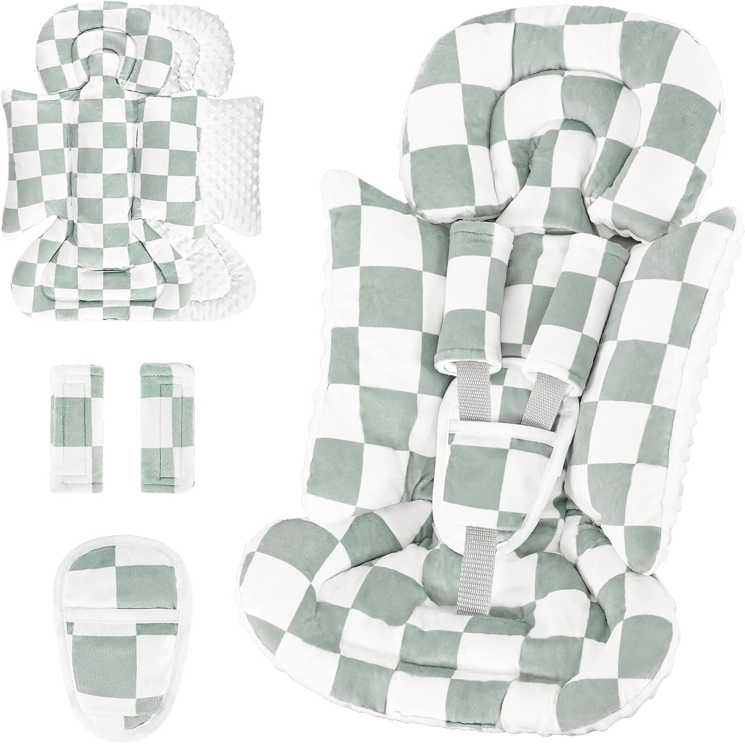 DILIMI Infant Car Seat Insert front view in green checkered pattern with head support.