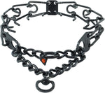 German engineered black stainless steel dog training pinch collar close up