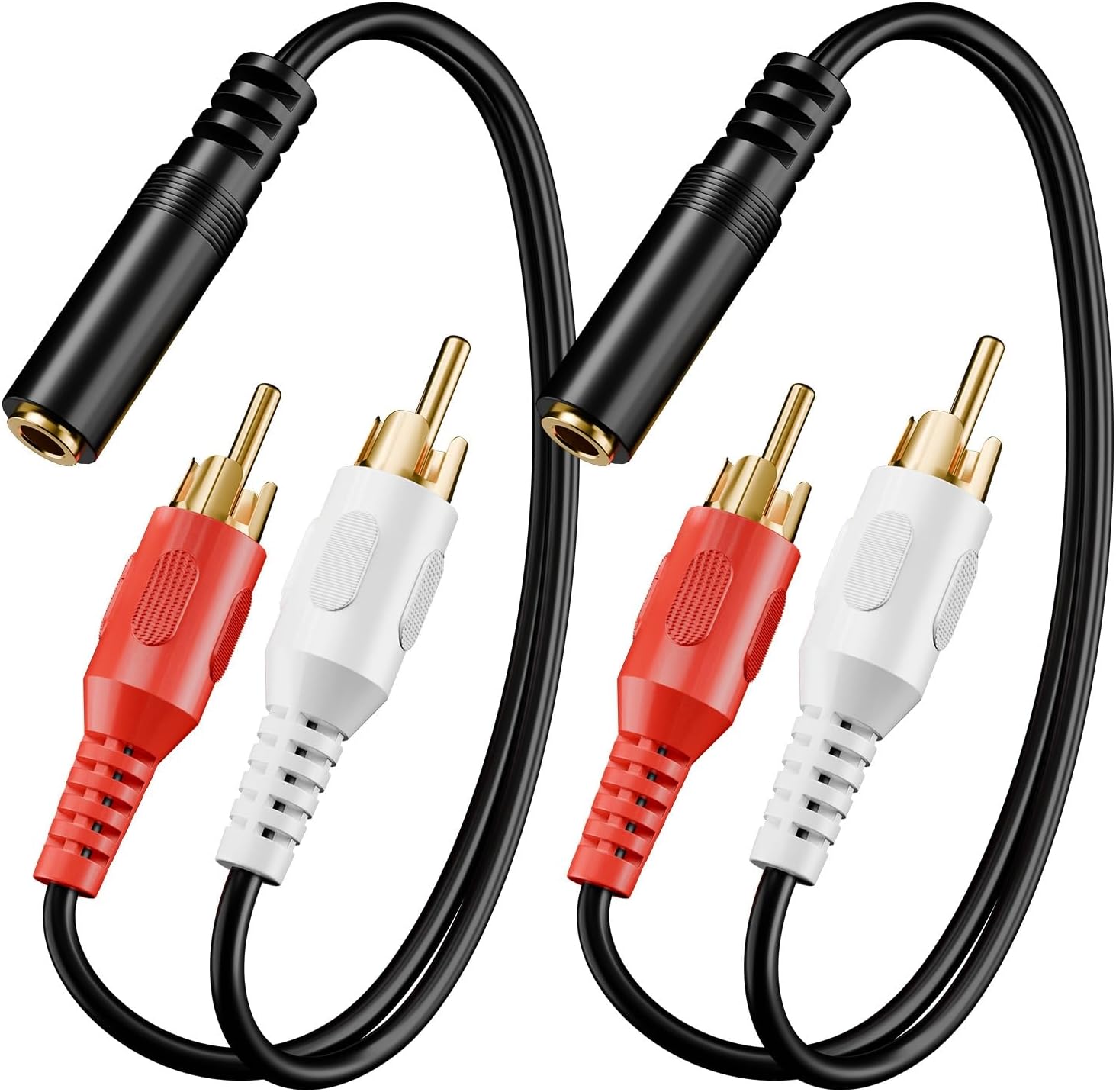 VCE 3.5mm female to 2 RCA male stereo audio Y cable pack front view highlighting the gold-plated connectors.