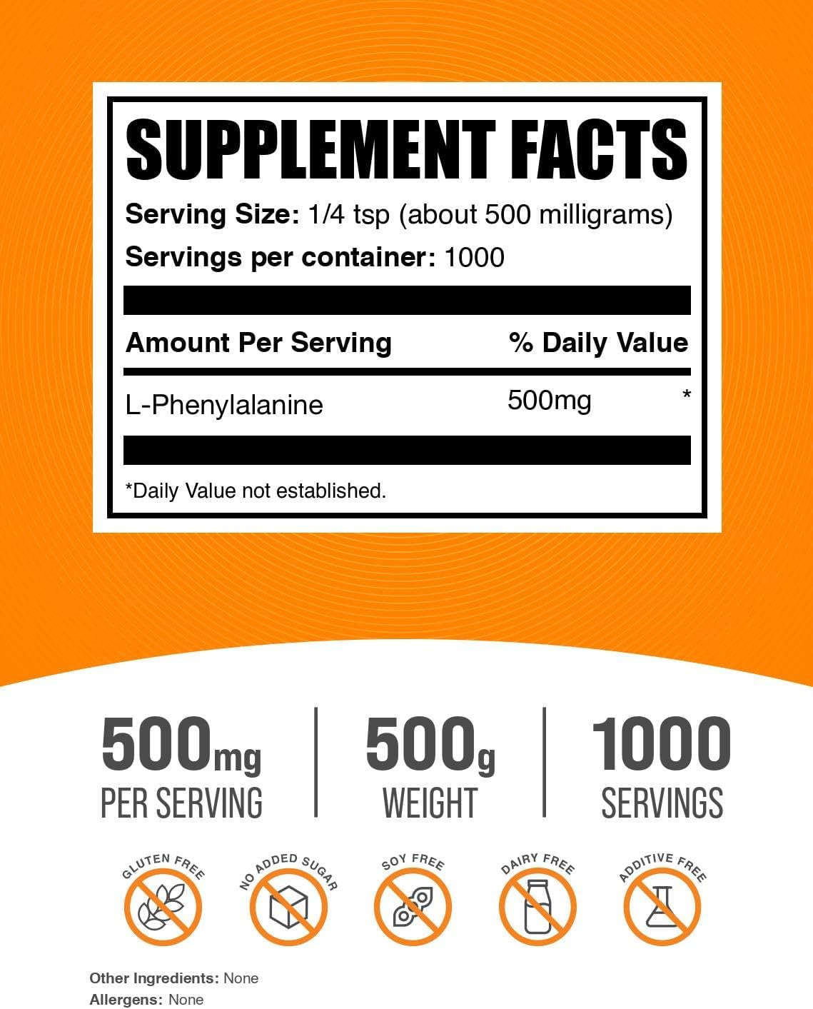 BulkSupplements L-Phenylalanine powder label nutritional information