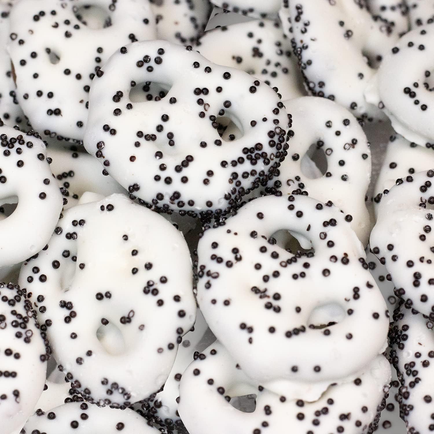 Ilike white chocolate covered pretzels with nonpareils front view
