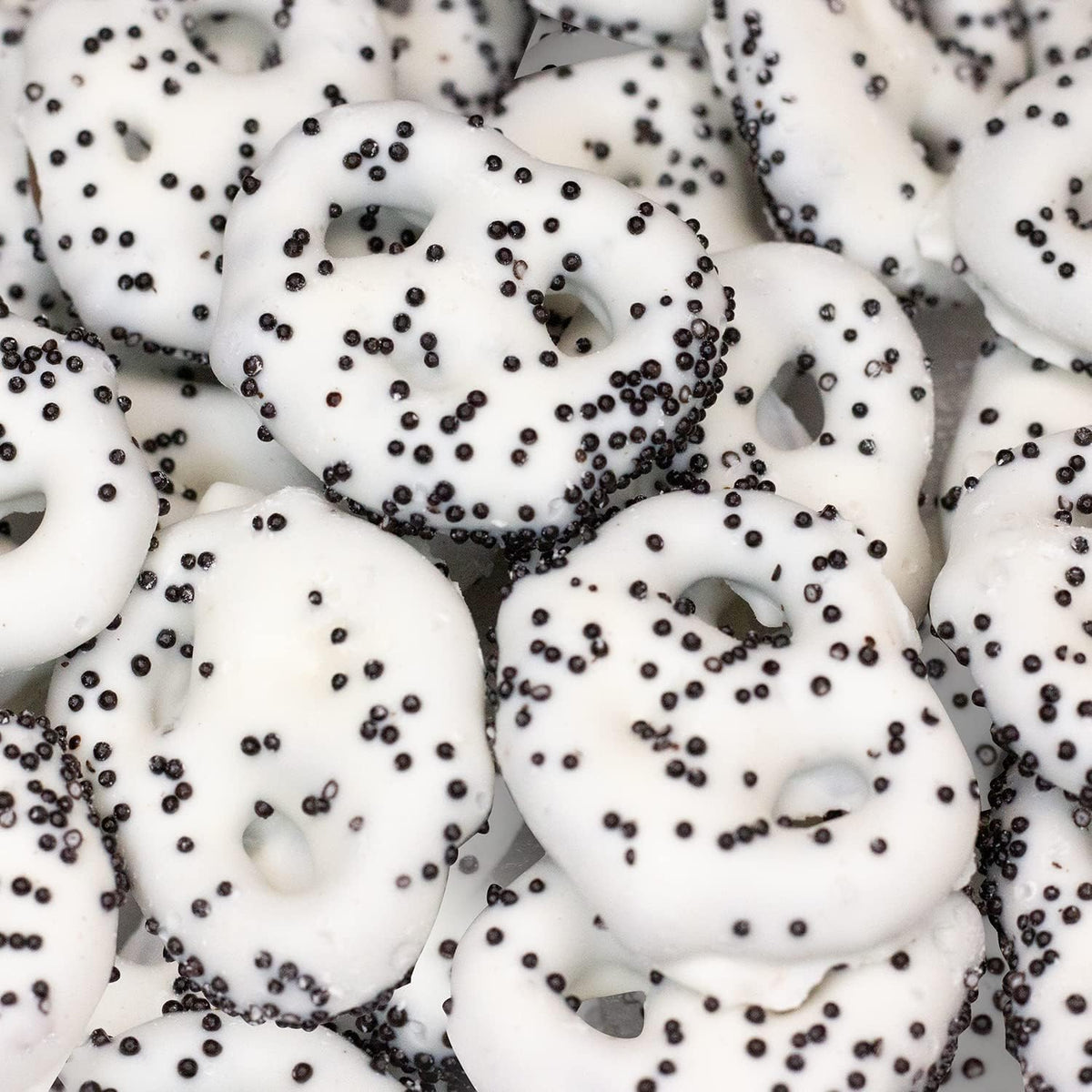 Ilike white chocolate covered pretzels with nonpareils front view