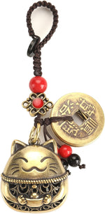 Mansiyuyee brass maneki neko lucky cat keychain front view