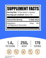 Pure unflavored magnesium gluconate dietary supplement powder texture.
