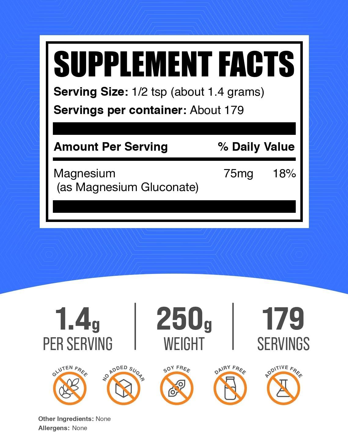 Pure unflavored magnesium gluconate dietary supplement powder texture.