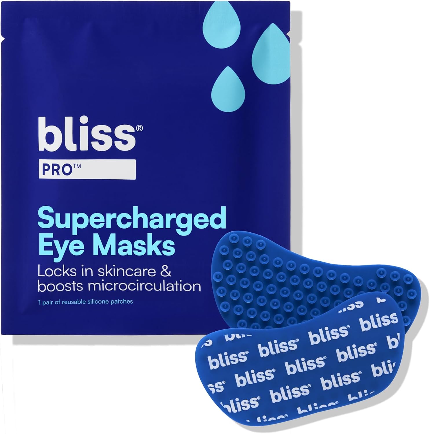 Bliss Pro Supercharged Eye Masks front view of reusable blue silicone patches