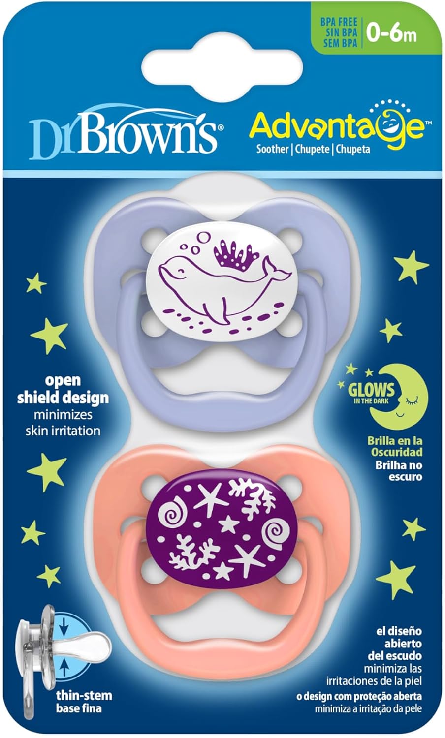 Dr Brown's Natural Flow Baby,Infant Silicone Dr. Brown's Advantage Pacifiers, Stage 1, Glow in The Dark, Pack of 2, Pink, Birth+ to 6M - Image 1