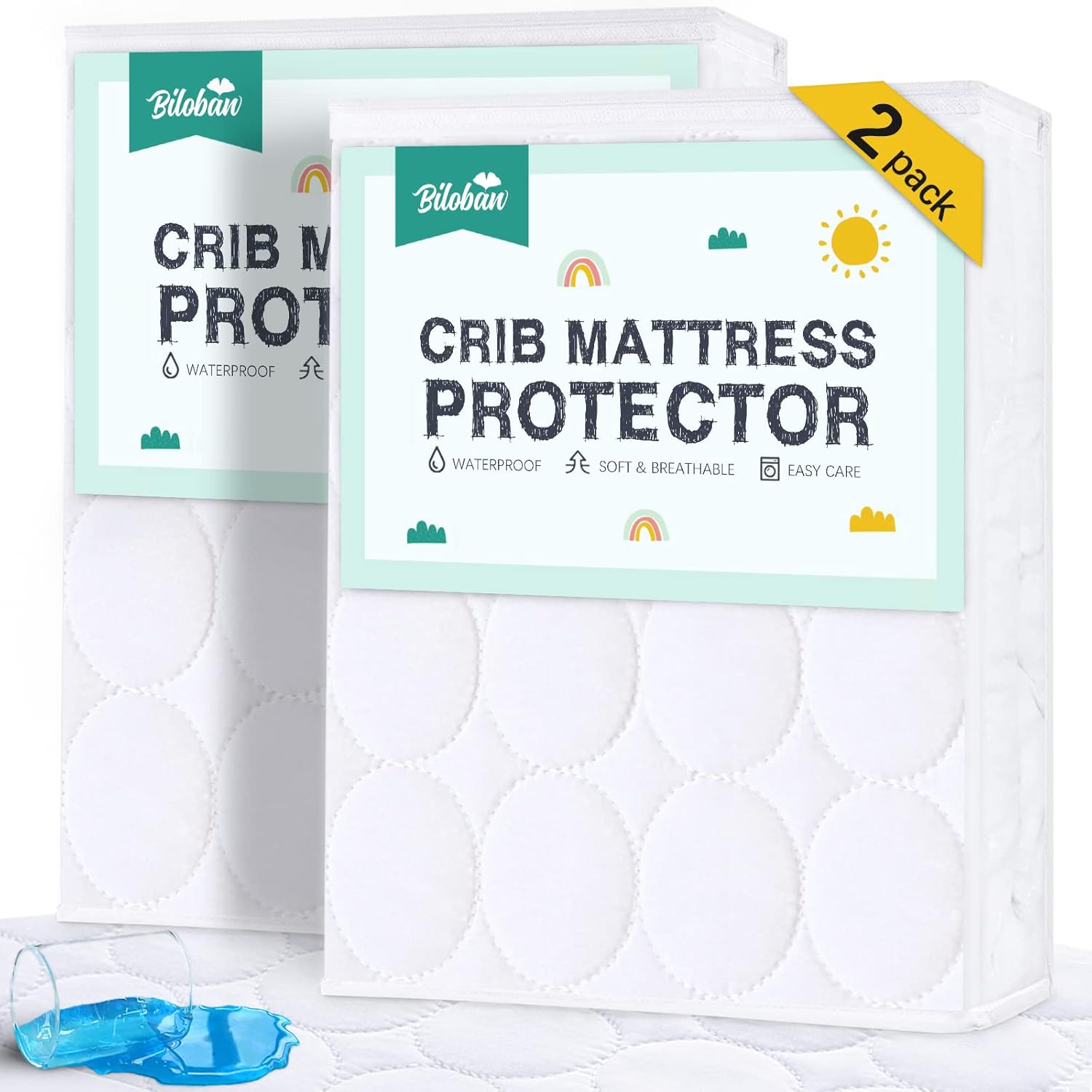 Biloban crib mattress protector waterproof two pack front view on a white toddler bed mattress