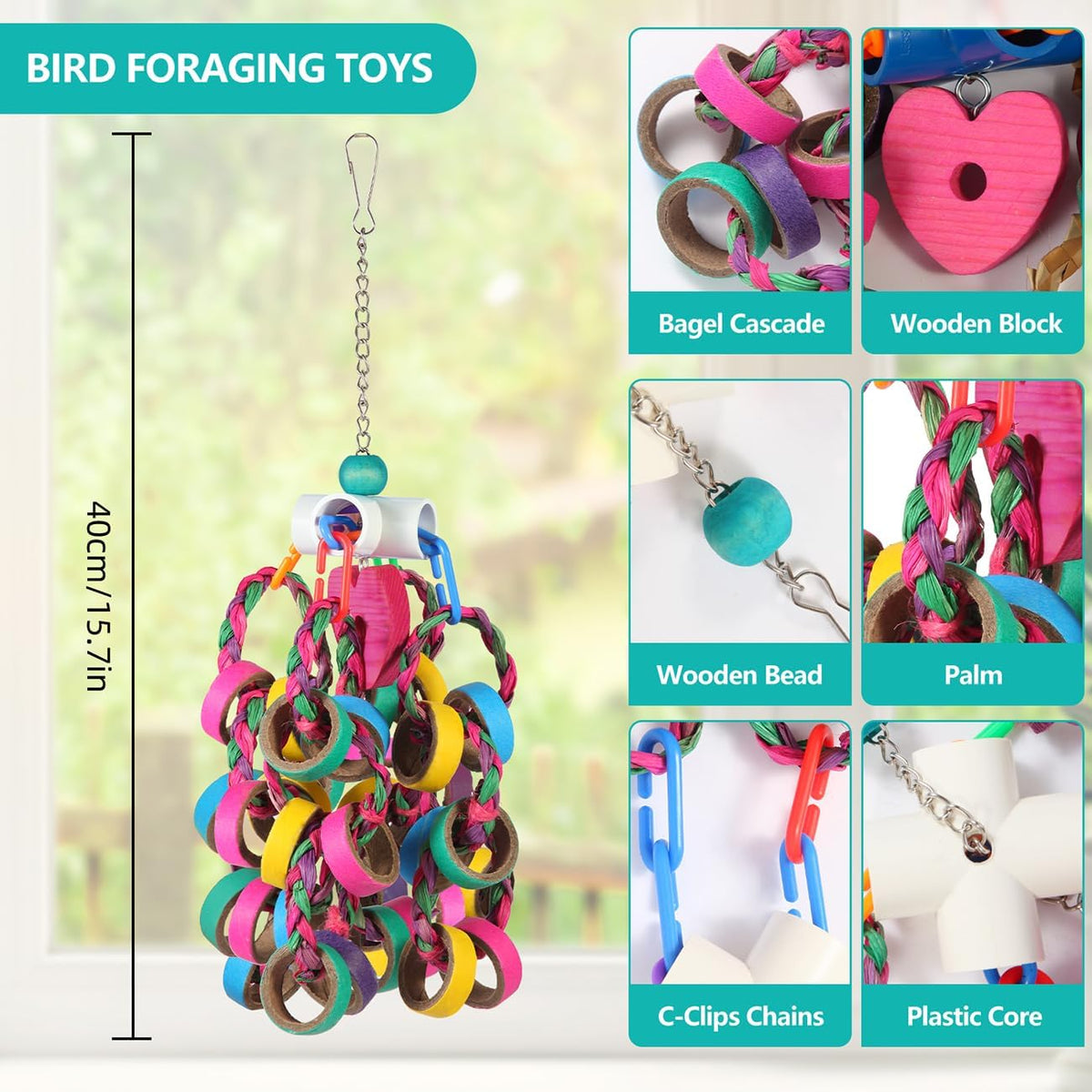Cockatiel and lovebird safe shredding toy details.