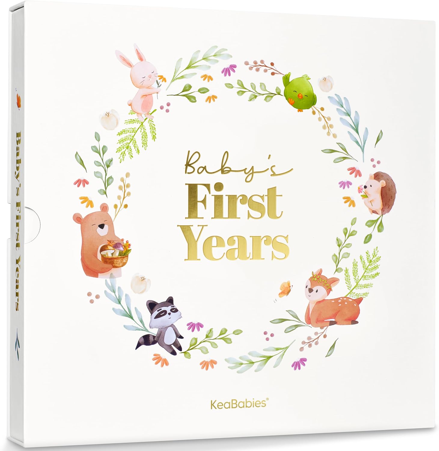KeaBabies Muse Baby Memory Book front view showing the soft padded hardcover with gold accents and matching premium protective slipcase.
