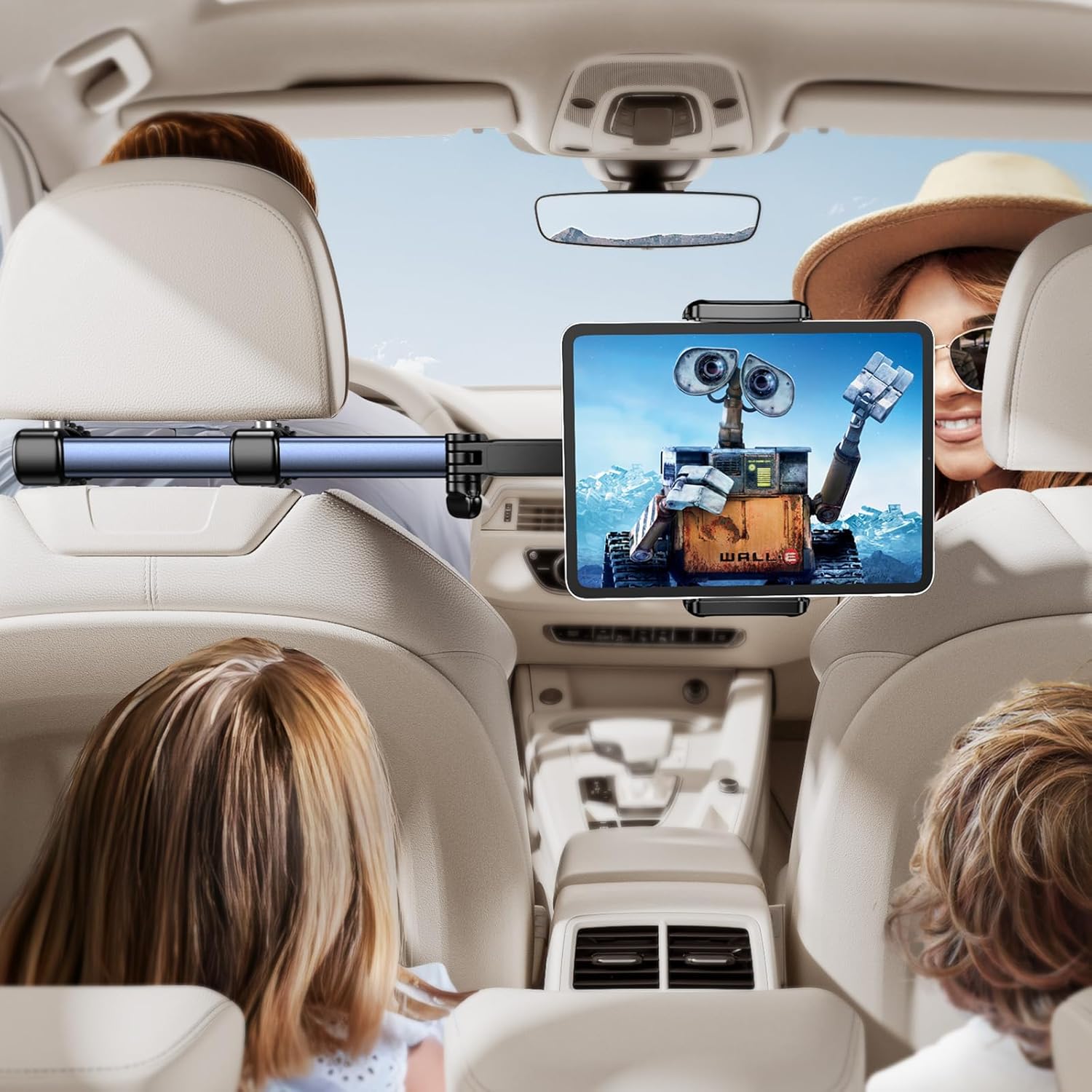 Tryone headrest tablet holder front view showcasing the expandable device cradle holding a large tablet screen.