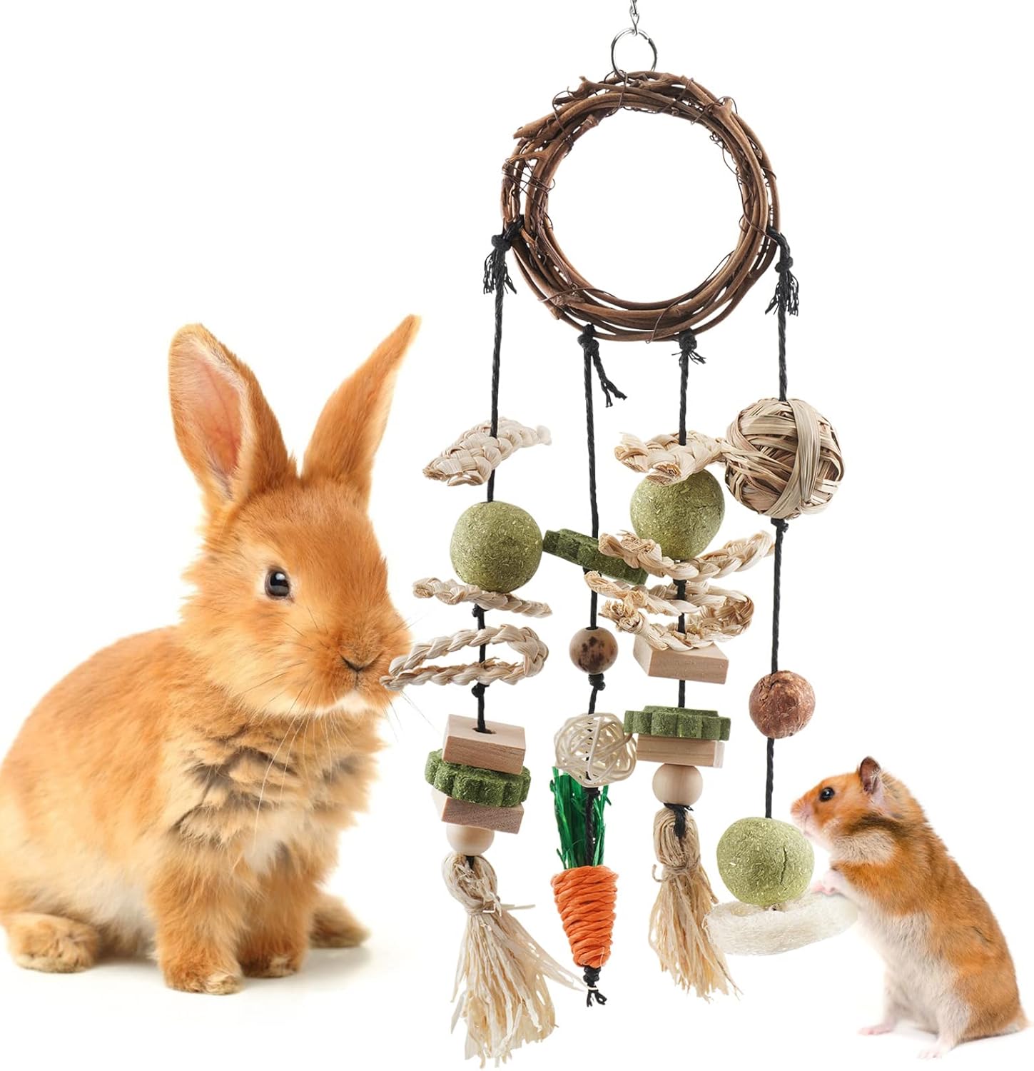 Bissap bunny chew toy front view hanging cage accessory with natural rattan rings