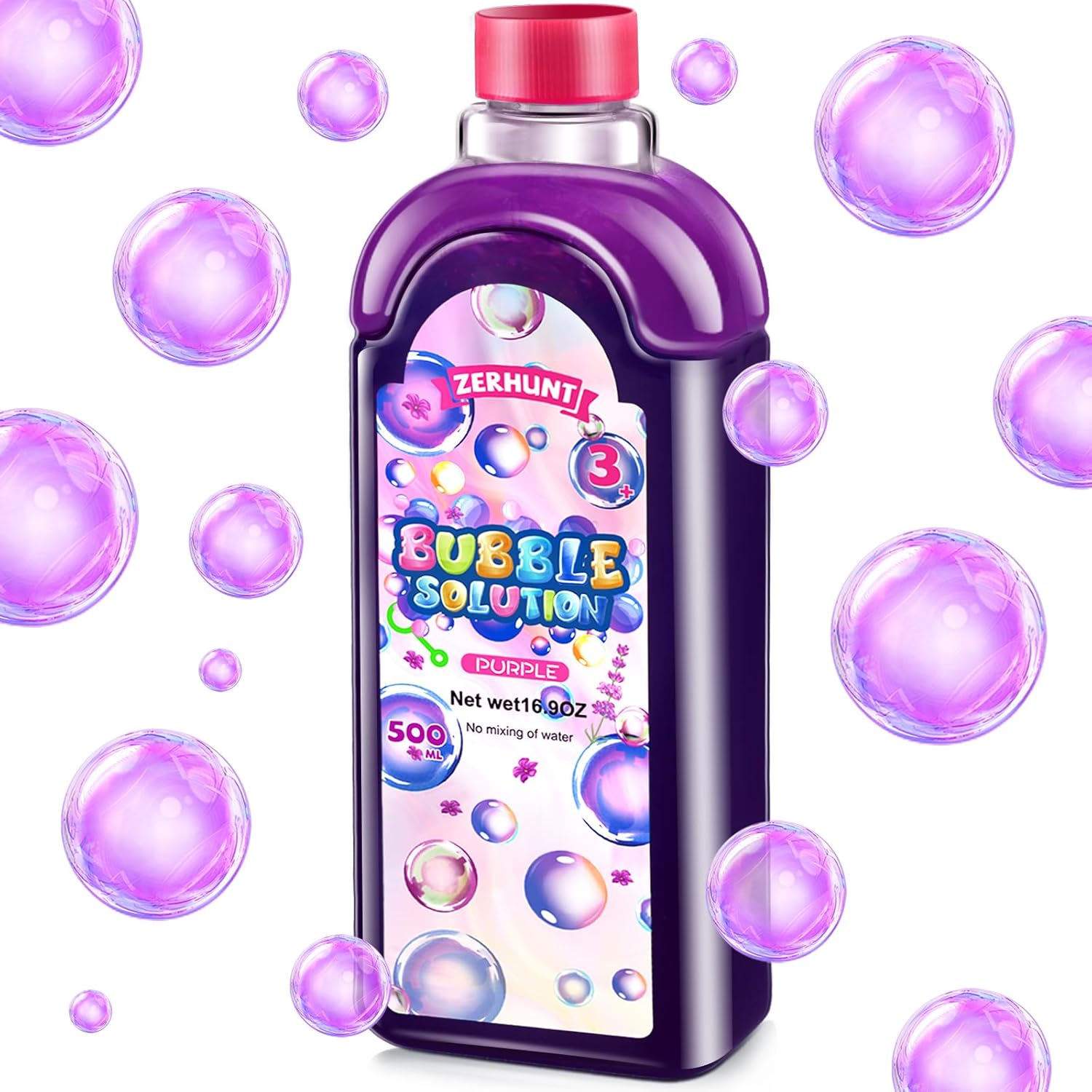 Zerhunt non toxic purple bubble solution refill 500 milliliters bottle front view