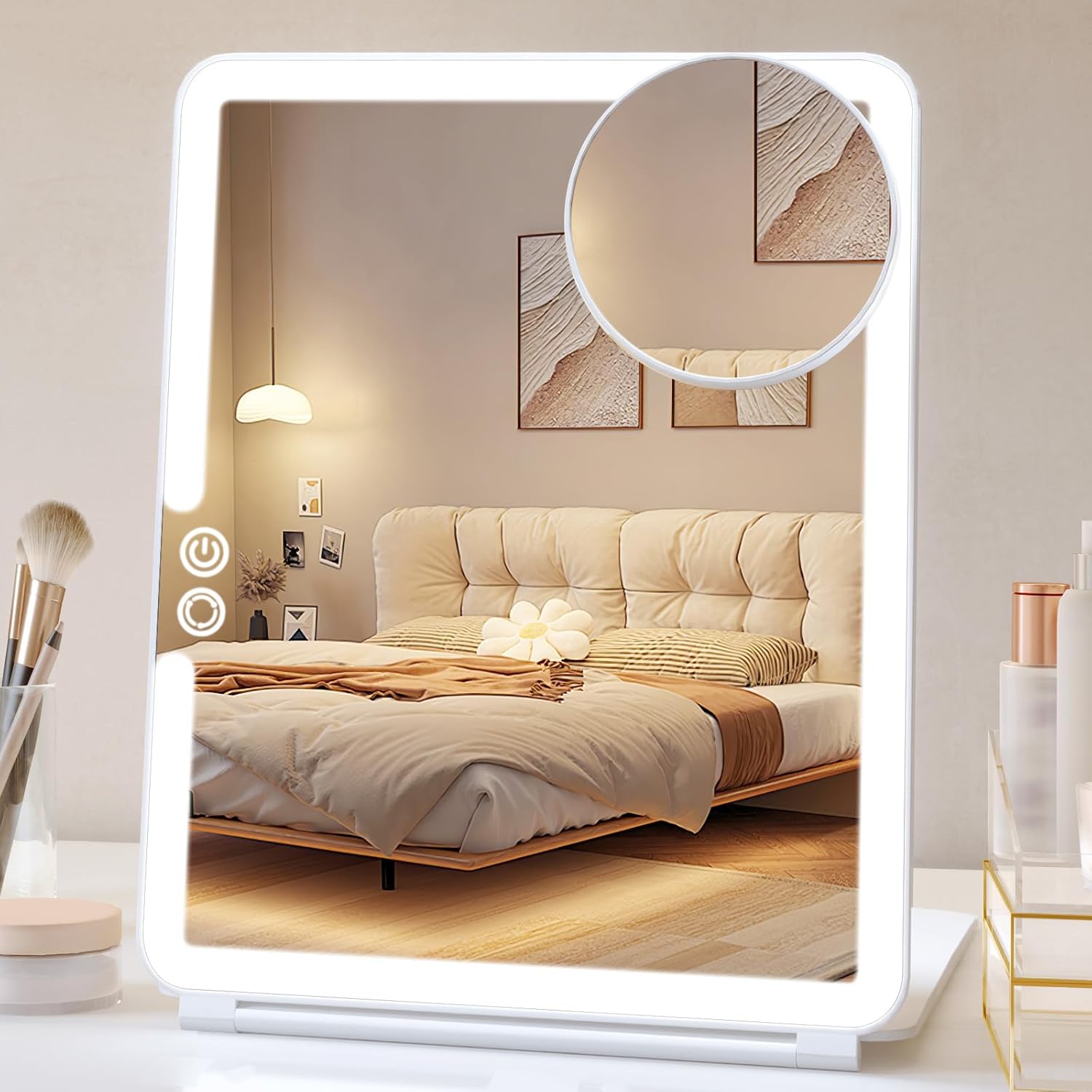 FUNTOUCH rechargeable large travel makeup mirror front view with illuminated LED lights showing clear reflection