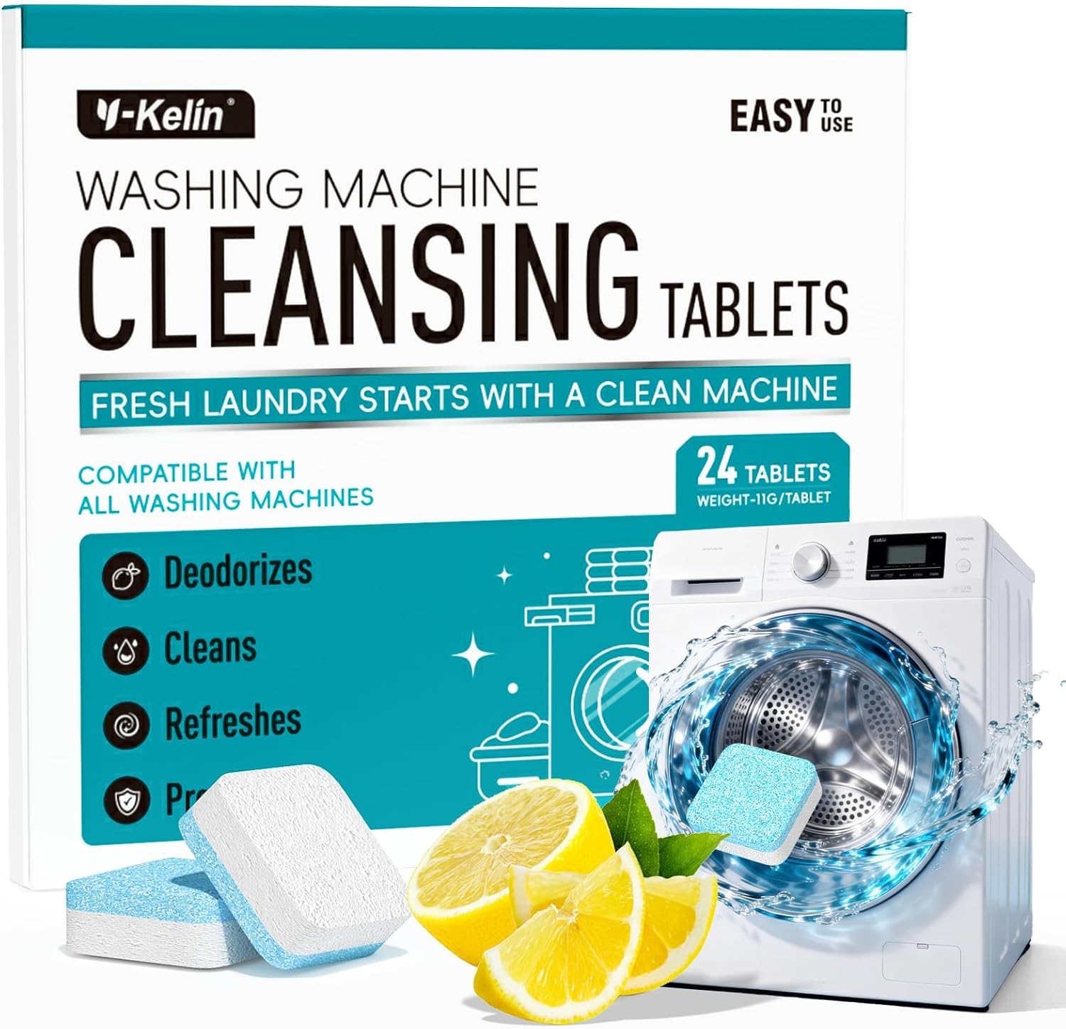 Y-Kelin Washing Machine Cleaner Tablets 24 pack front view deep cleaning descaler.