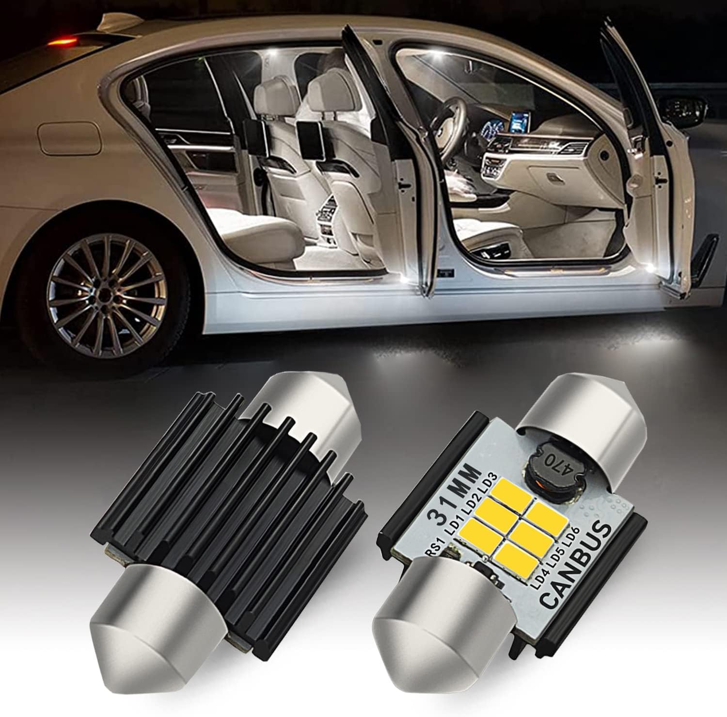 AUXITO 31mm DE3175 LED bulbs front view showing the 6000K xenon white chipsets for car interior upgrades.