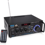 Pyle Bluetooth stereo power amplifier front view showing LED display and rotary knobs