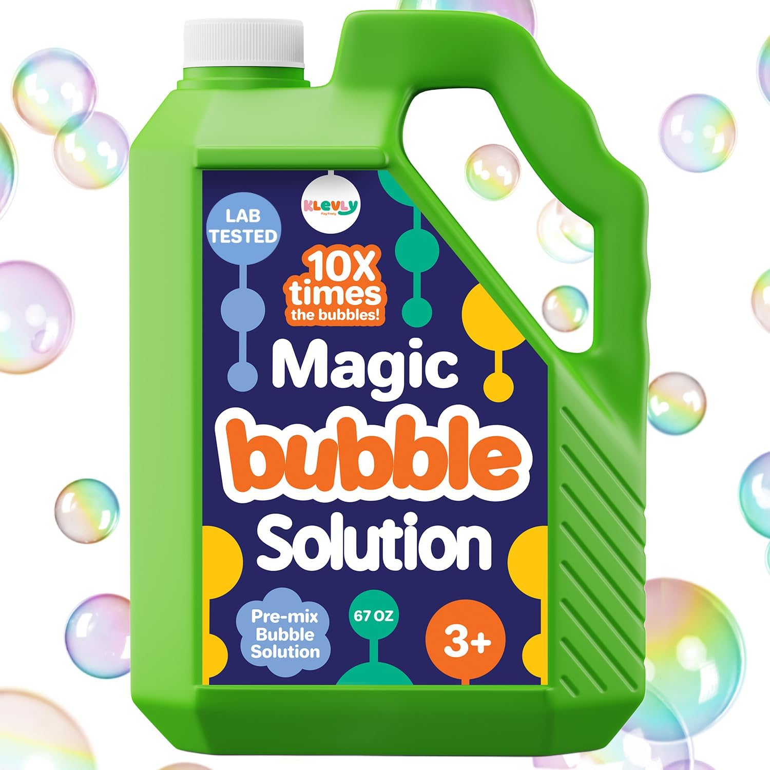Klevly Iridescent Bubble Solution Refill front view showing the sixty seven fluid ounce bottle.