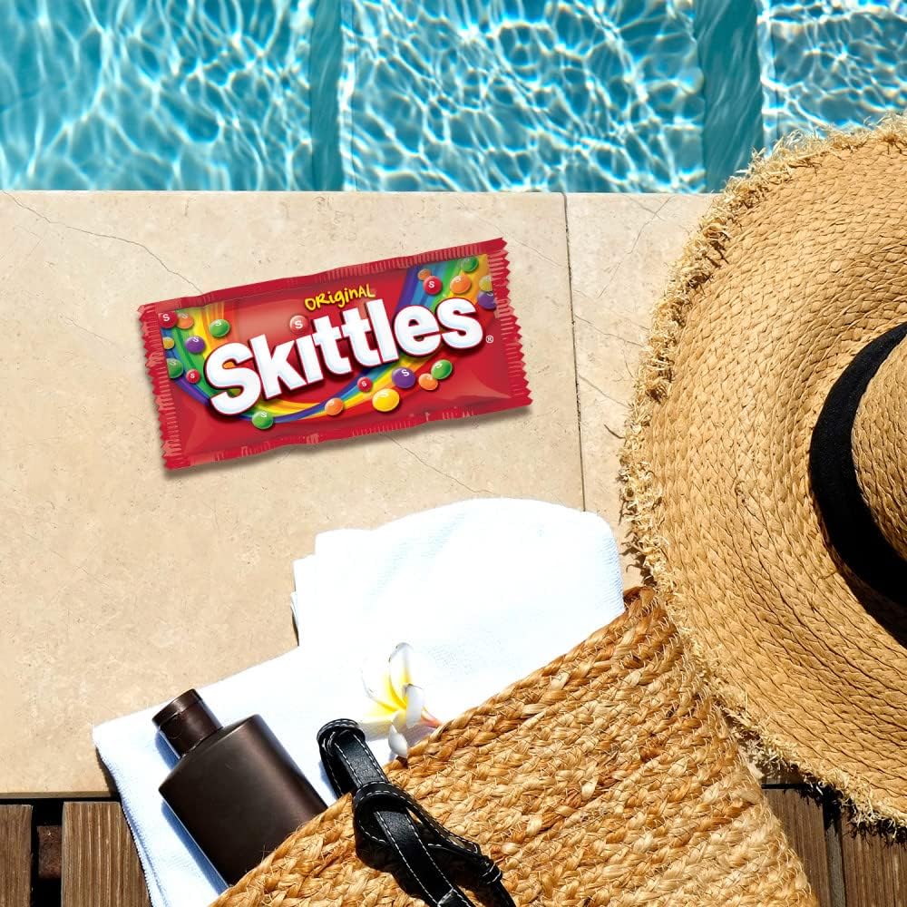 Skittles chewy candy box top layout with 36 packs inside