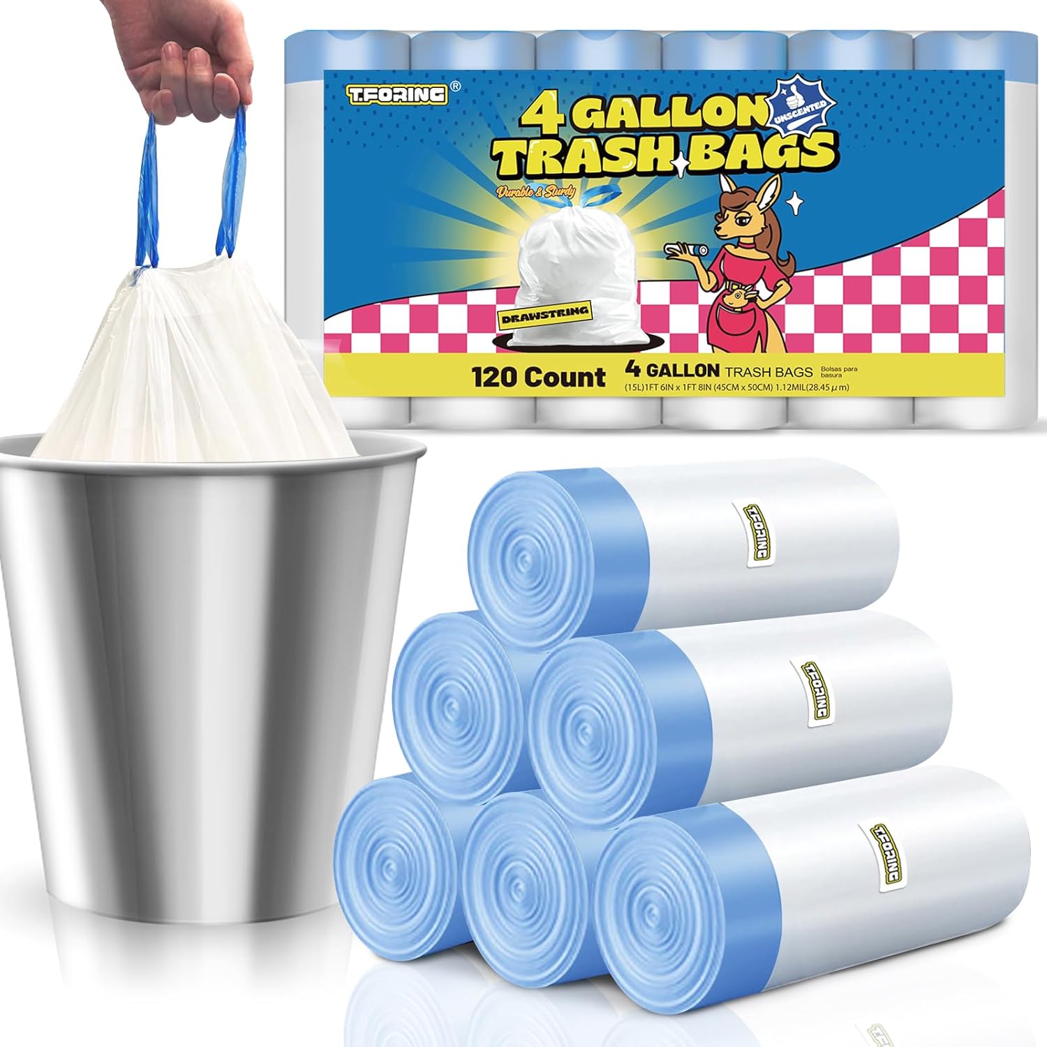 T.FORING small trash bags 4 gallon front view showcasing the packaging box and a roll of white liners