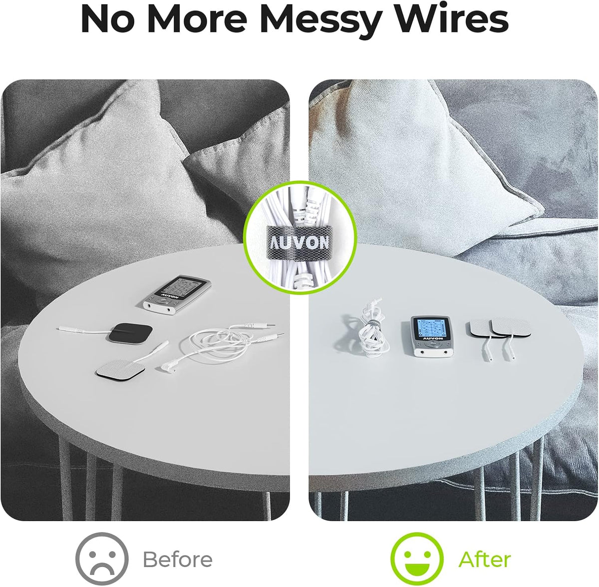 AUVON TENS EMS lead wires connected to electrode pads